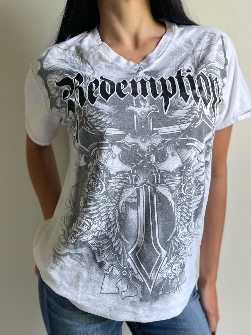 Route 66 Grunge Graphic V Neck Top